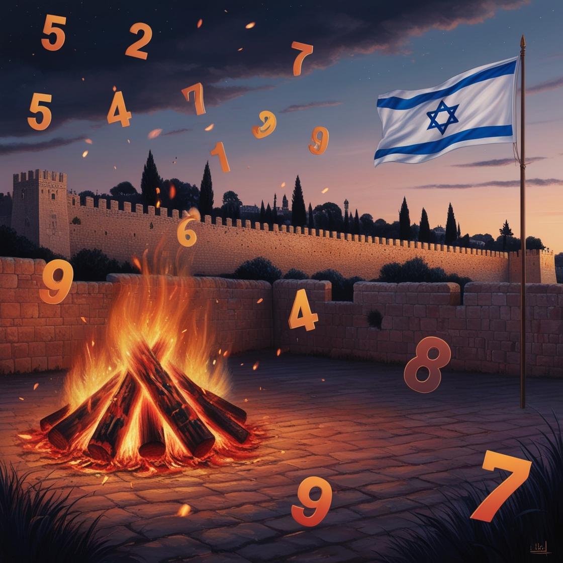 מספר אלמנטים מעורבבים — מספרים מפוזרים, מדורה, ירושלים, דגל ישראל