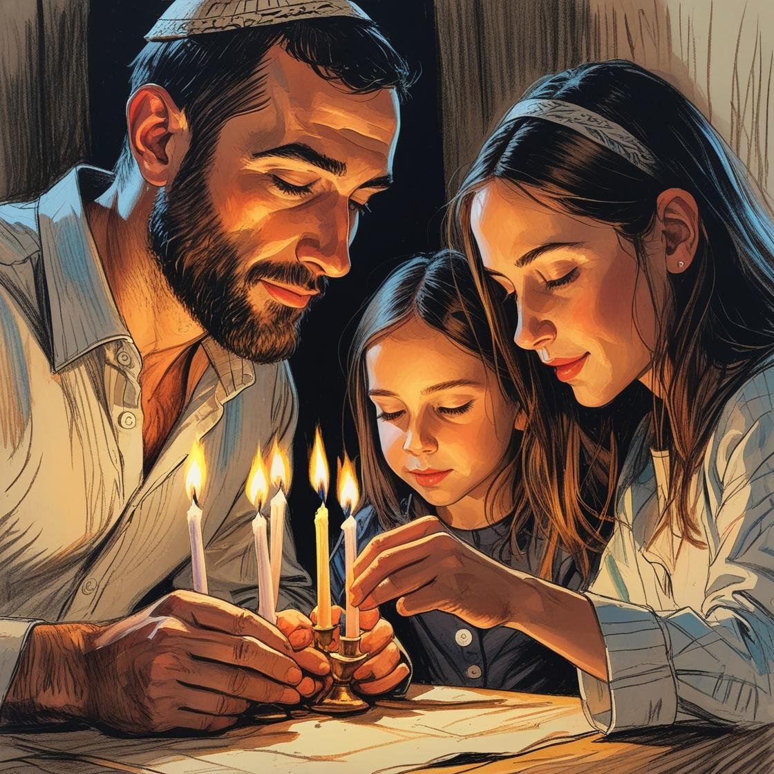 איש ואשה כבני 30. בעלי חזות מזרח אירופאית. האיש חובש כיפה קטנה. אתם ילדה קטנה. ביחד עם הילדה מדליקים נרות שבת