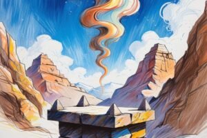 רקע — הרי יהודה. רואים מזבח קטן עשוי מאבנים שיש לו ארבע פינות בולטות, מה שנקרא — _קרניים_ ומעליו העשן עולה לה’ — איור מופשט