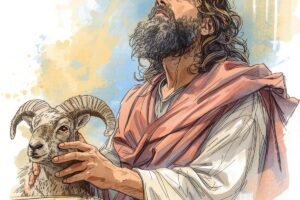 איור מתקופת התנ_ך אברהם מקריב איל על המזבח. הוא מסתכל על השמים.