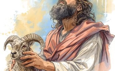 איור מתקופת התנ_ך אברהם מקריב איל על המזבח. הוא מסתכל על השמים.