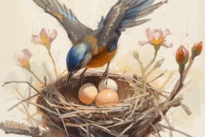 ציפור יושבת על הקן עם ביצים ובן אדם מגרש אותה והיא פורחת