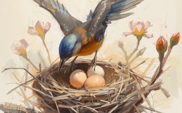 ציפור יושבת על הקן עם ביצים ובן אדם מגרש אותה והיא פורחת