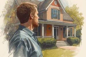 אדם עומד מחוץ לבית שלו ומתבונן בו. אנחנו רואים את האדם מהצד, רואים את הפנים שלו איך הוא מסתכל על הבית