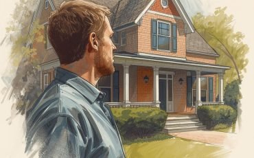 אדם עומד מחוץ לבית שלו ומתבונן בו. אנחנו רואים את האדם מהצד, רואים את הפנים שלו איך הוא מסתכל על הבית